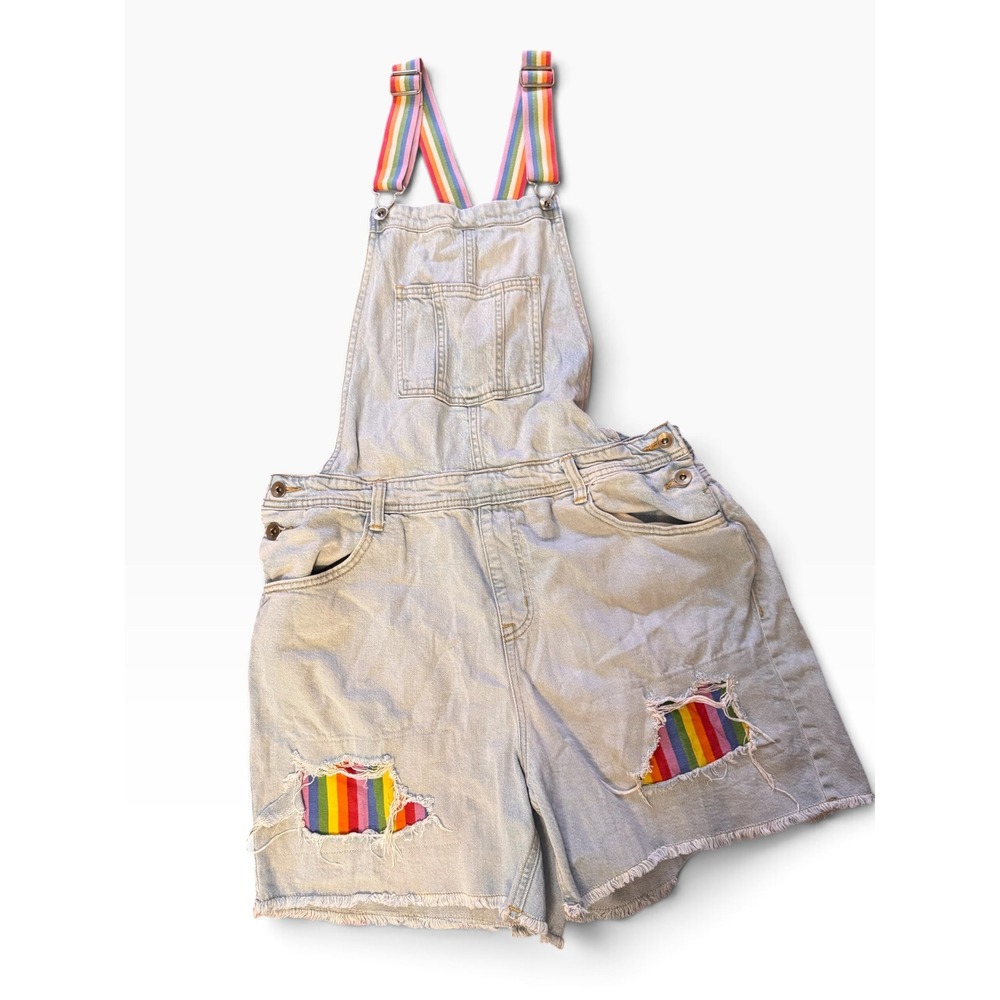 Rainbow Suspender Distressed Denim Shortalls Light Wash Pride  Womens Large